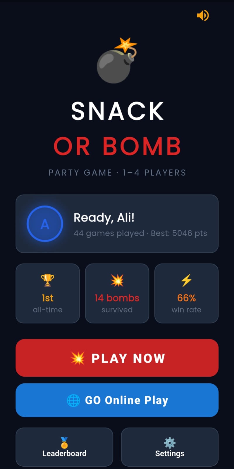 Snack or Bomb Home Screen